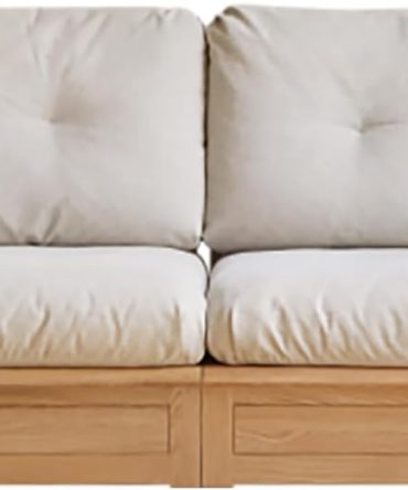 Oversized Solid Wood Sofa with Oak Wood Frame, Gravel White Upholstered Sofa with Removable Cushions, 4 Storage Seat, Wooden Sofa for Living Room, Home, Apartment