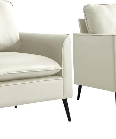 Nordic Retro Leather Sofa Chair, Single Casual Faux Leather Upholstered Lounge Accent Couch for Living Room, Bedroom, and Balcony,CreamWhiteLeather2Se