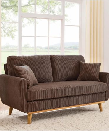 Sofa with Solid Wood Frame and Tapered Legs, 2 Seat Upholstered Couch with Vertical Channel Texture and Flared Arms, Compact Modern Living Room (Brown)