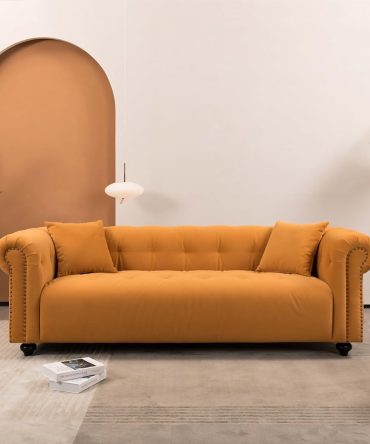 90" Medieval Loveseat Sofa,Vintage  Couch with Rivet Handrails,Roll Armrests, Solid Wood Frame,Comfy Deep Seats and Pillows,Ideal for Living Room,Apartment,Office, Dorm (Orange)