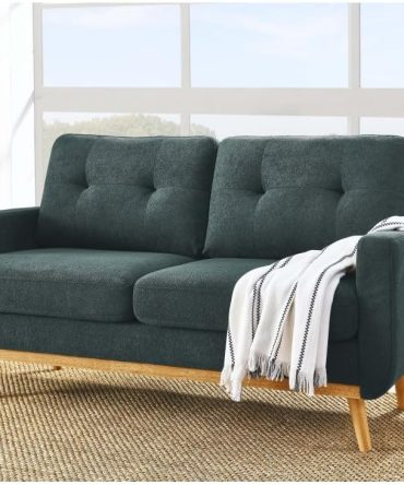 Tufted Upholstered Loveseat Sofa with Splayed Wooden Legs, Polyester Fabric 3-Seat Lounge Couch for Living Room, Retro Accent Furniture with Supportive Backrest (Grayish Green)