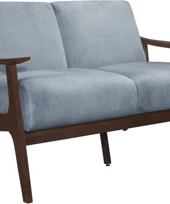 51 Inch Loveseat- Soft Blue Gray Velvet- Walnut Brown Solid Wood