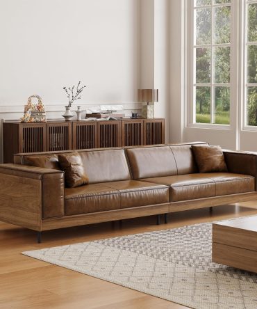 Leather Sofa 111.81" with Wooden Accents on Sides & Back, Spacious 3 - Seat Couch for Living Room, Bedroom or Lounge Space, Brown
