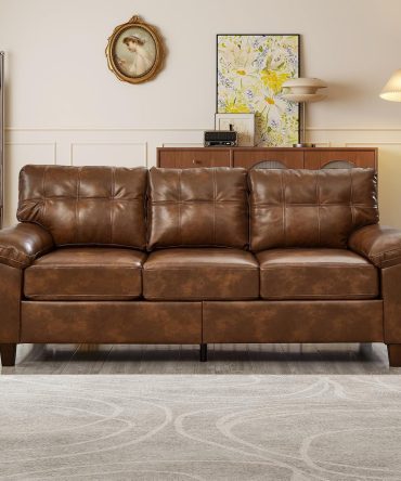 79-inch 3 Seater Couch with Storage,  Vintage Retro Faux Leather PU Upholstery Tufted Cloud Comfy Deep Seat Sofa Couch for Living Room Office Apartment, Brown