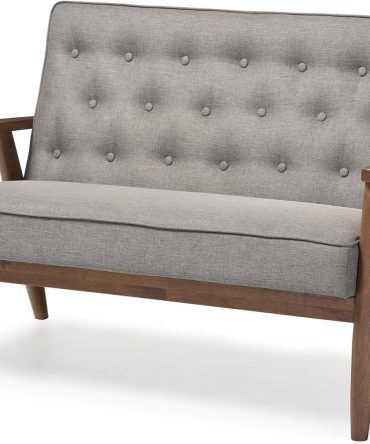 Retro Modern Grey Fabric Upholstered Wooden 2-Seater Loveseat