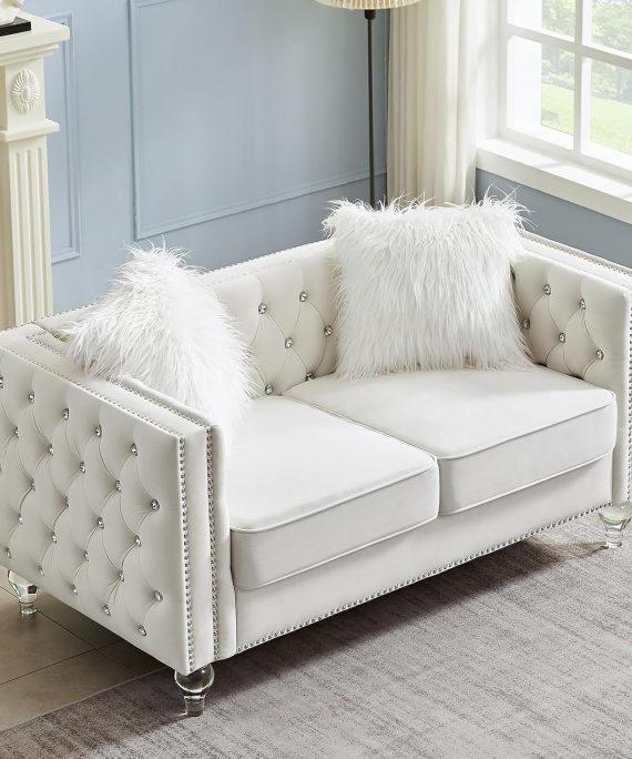 60"  Sofa, Velvet  Upholstered Loveseat Sofa with 2 Throw Pillows and Acrylic Legs, Nailhead Button Tufted Vintage Couch for Living Room, Apartment, Beige