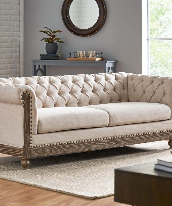 3-Seat Sofa with Wooden Legs, Retro Style Sofa Couch Furniture with Rivet Detailing, Loveseat with Pull-tab Backrest for Living Room Apartments Office, Beige