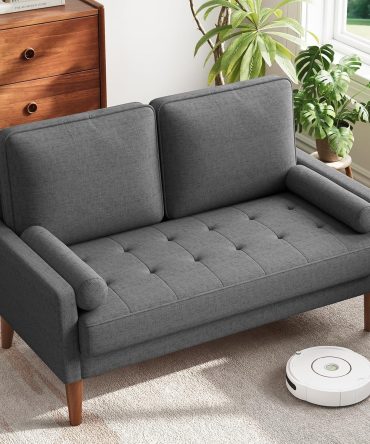 Loveseat Sofa with Solid Wood Legs, 48" Small Couches for Small Spaces, Love Seat for Living Room, Bedroom, Easy Assembly  Couch with Throw Pillow for Apartment, Grey