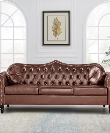 82" Three Seater Sofa,  Sofa,  PU Upholstered Sofa, Deep Button Tufted Living Room Sofa with Two Throw Pillows, Brown