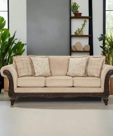 Carved Wood Frame Sofa, Beige Wheat