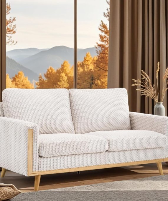 68' W Comfortable Mid Century Loveseat, Two Seater Sofa with Spring Support & Solid Wood Frame, Corduroy Fabric Small Couch for Living Room, Small Space, Bedroom, White