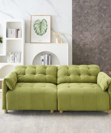 French Retro Cloud Style Flannelette Fabric 2-Seat Sofa with Tufted Cushions, Solid Wood Frame, High-Density Sponge Filling, Soft Upholstered Backrest, Wide Deep Seating, Quick Rebound Support (Green)