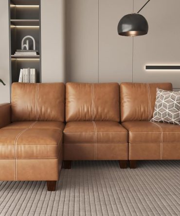 91" Faux Leather Modular Sectional Sofa with Storage,  Sectional Couches for Living Room, Soft Padded Armrests, 3 Seater L-Shaped Couch with Ottoman, Brown