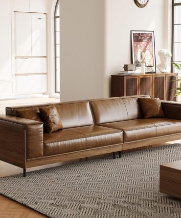 111.81"  4-Seater Sofa, Waxed Leather Wood Couch with Walnut Frame for Living Room, Apartment, and Office, Brown