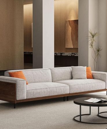 Modern four-seat fabric sofa, suitable for living room—a comfortable 111.81-inch sofa with a wooden frame and metal legs, easy to assemble, ideal for an office or living room, in grey.