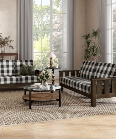 Modern 2-Piece Solid Wood Sofa Set with Plaid Removable Cushions, Black and White Upholstery Fabric, Comfortable Couch and Loveseat for Living Room, Dark Walnut