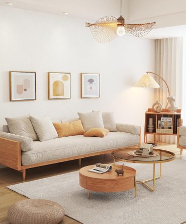 Modern 3 Seater Sofa, Upholstered Linen Fabric Couch, Chinese Style Sofa with Solid Wood Frame Large Sofa for Living Room, 82.7" W x 34.6" D x 26.8" H